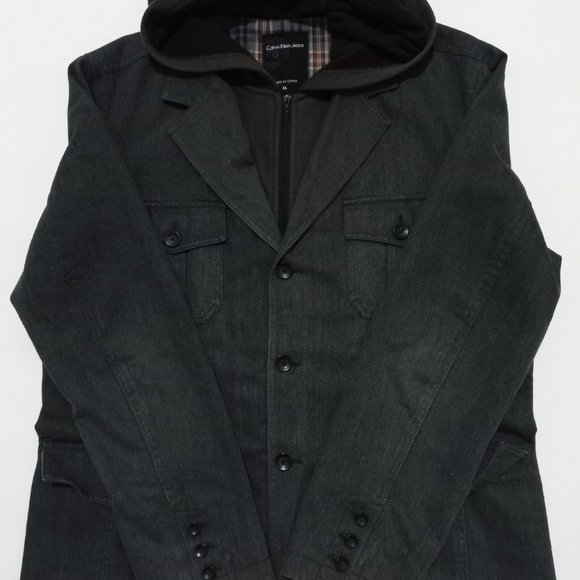 Calvin Klein Jeans Denim Jacket Hooded Button Full Zip Men's Size XL Gray - Picture 7 of 11